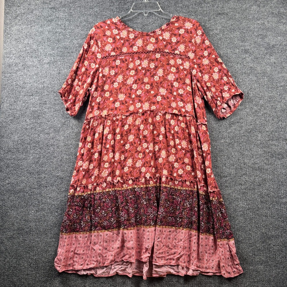 Knox Rose Womens XXL Pink Floral Tiered Boho Mini Dress Short Sleeve Rayon